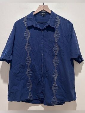 Jogal Short Sleeve Cuban Guayabera Navy Blue w/ Gold Accents Beach Shirt - Large